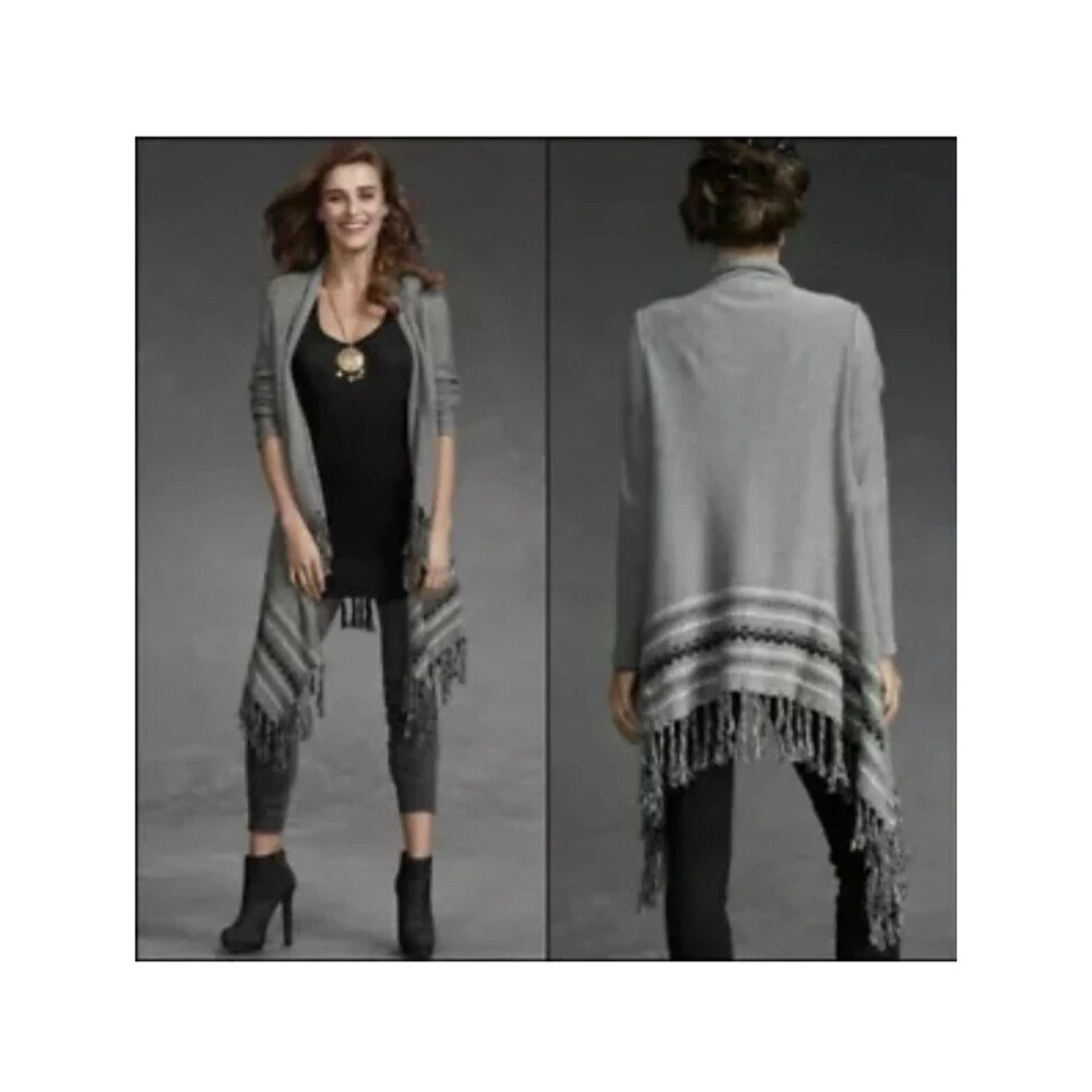Cabi Sweater M Gray Prairie Wrap Open Front Cardigan With Fringe Style 974